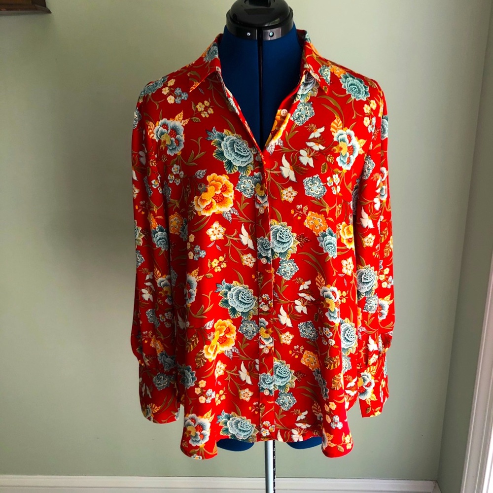 Loft Red floral button down long sleeve shirt